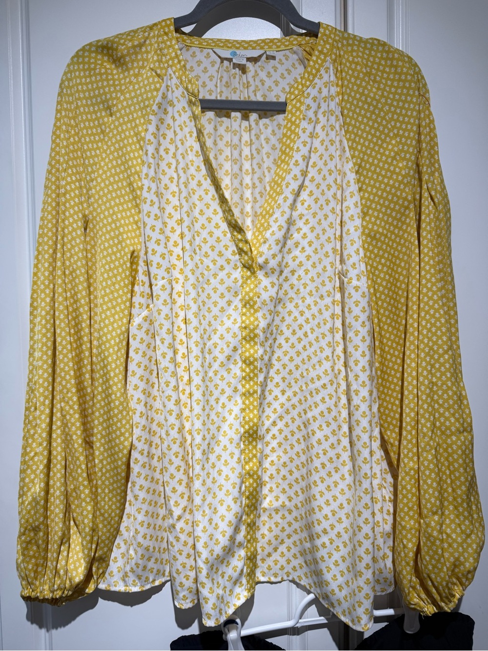 Boden Harriet Yellow and White Mixed-Print V-Neck Blouse
